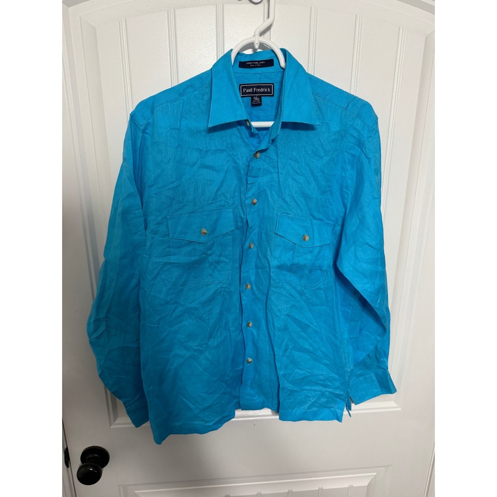 Paul Fredrick Linen Button Down Shirt Mens Small Blue Long Sleeve Pockets EUC